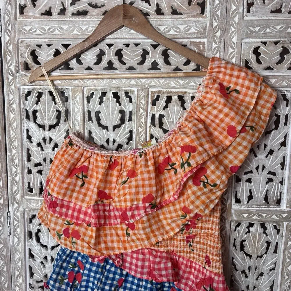 Farm Rio for Anthropologie Cherry Gingham Ruffle Mini Dress Medium Picnic Style